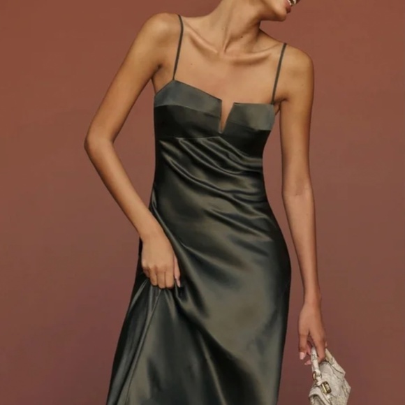 NEW Reformation Brie Silk Maxi Dress - Pine Tree Gray - Picture 3 of 14